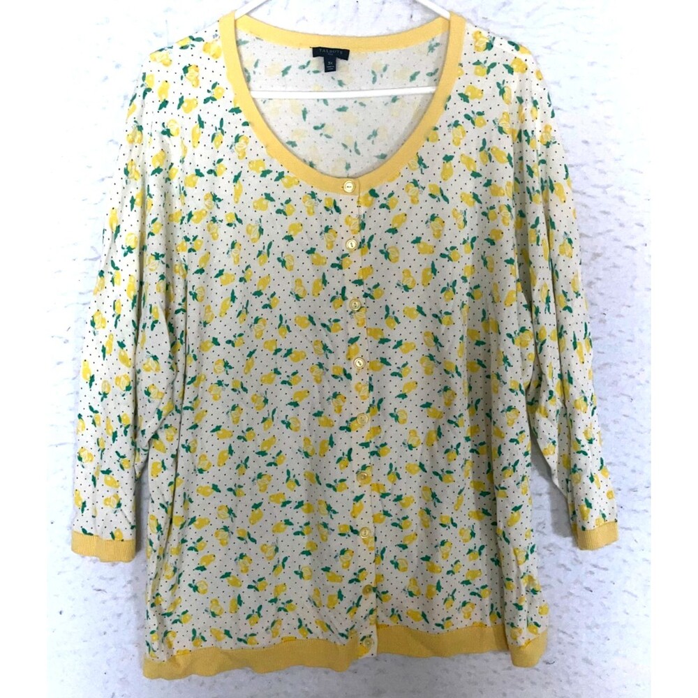 Talbots White Dotted Lemons Charming Cardigan Womens Plus 3X Yellow